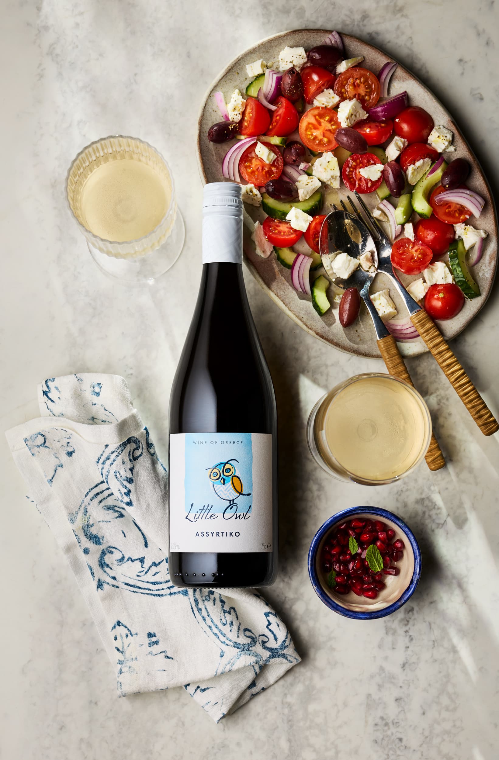 Little Owl Assyrtiko with Greek salad and wine — Greek wine for the modern table
